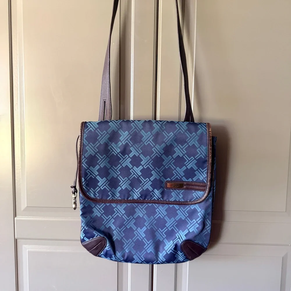 Tumi Blue Jacquard Monogram Leather Trim Crossbody Messenger Bag, Medium